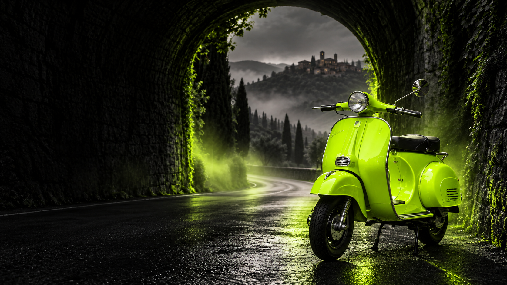 Scooter classico verde acido nel tunnel, simbolo del progetto Tunnel Verde